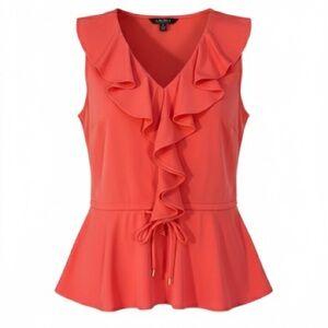 Ralph Lauren Coral Pink Ruffled Peplum Sleeveless Blouse Size Medium.